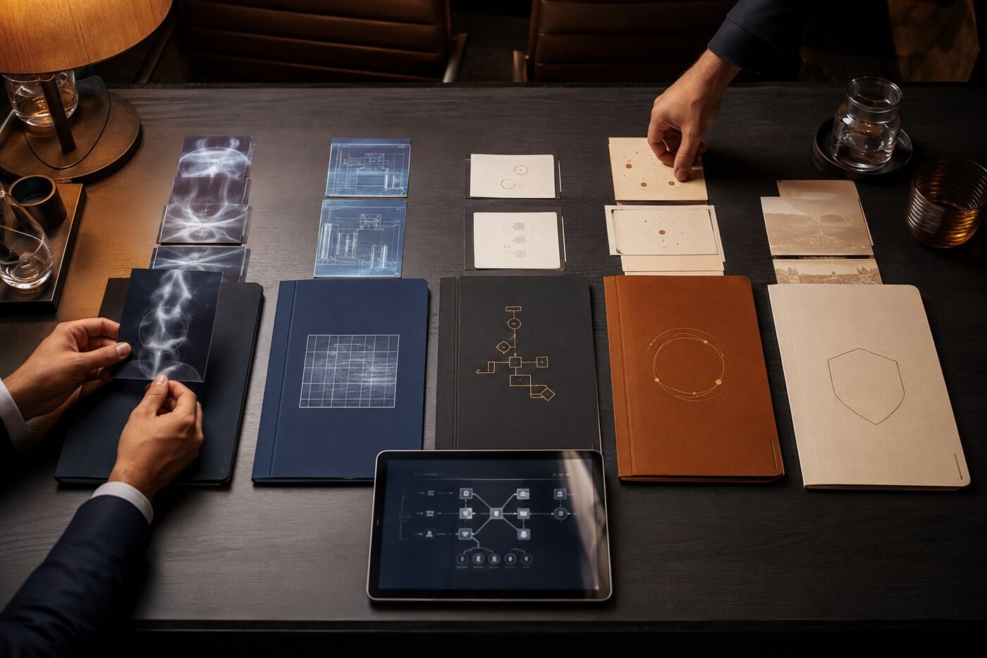 Executive strategy table with AI operating system planning materials