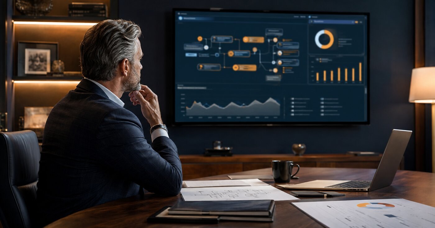 Business owner reviewing AI strategy and operating metrics in an executive office