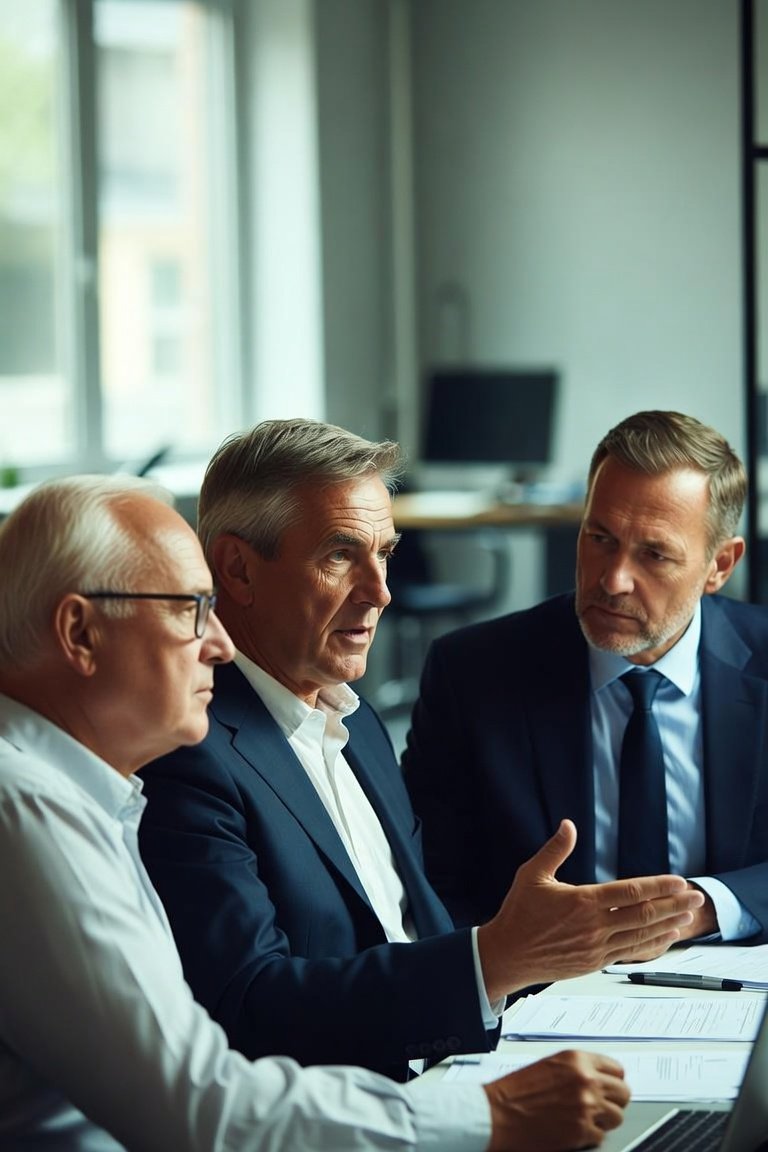 Senior professionals discussing the future in an office setting